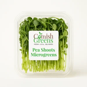 Pea Shoots Microgreens in eco-friendly Cornish Greens packaging – fresh, crisp, and ready to eat