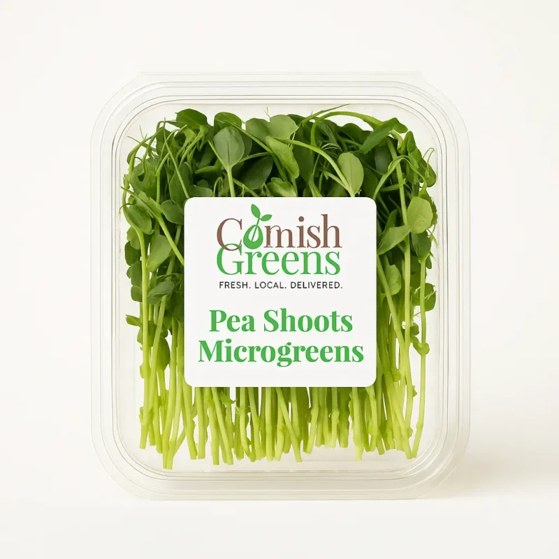 Pea Shoots Microgreens in eco-friendly Cornish Greens packaging – fresh, crisp, and ready to eat