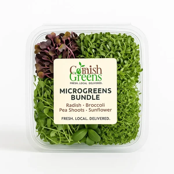 Close-up of all four microgreens in bundle Alt text: “Fresh microgreens variety bundle – Sunflower, Radish, Broccoli, Pea Shoots”